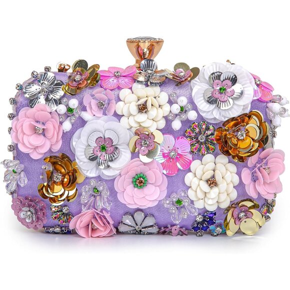 Purple Multicolored 3D Flower Clutch Handbag with Chain Strap for Evening, Weddi - Picture 1 of 7